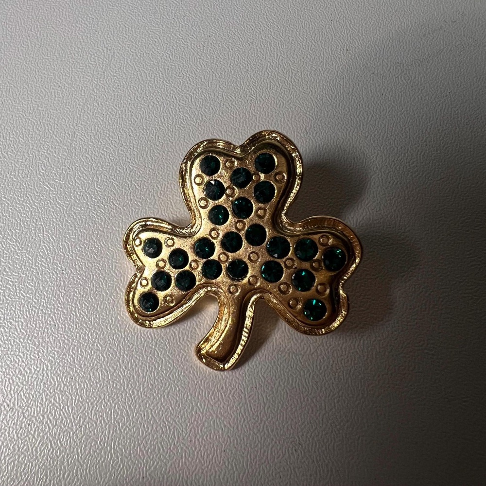Vintage IRISH‎ Green Rhinestone CLOVER SHAMROCK Brooch Pin